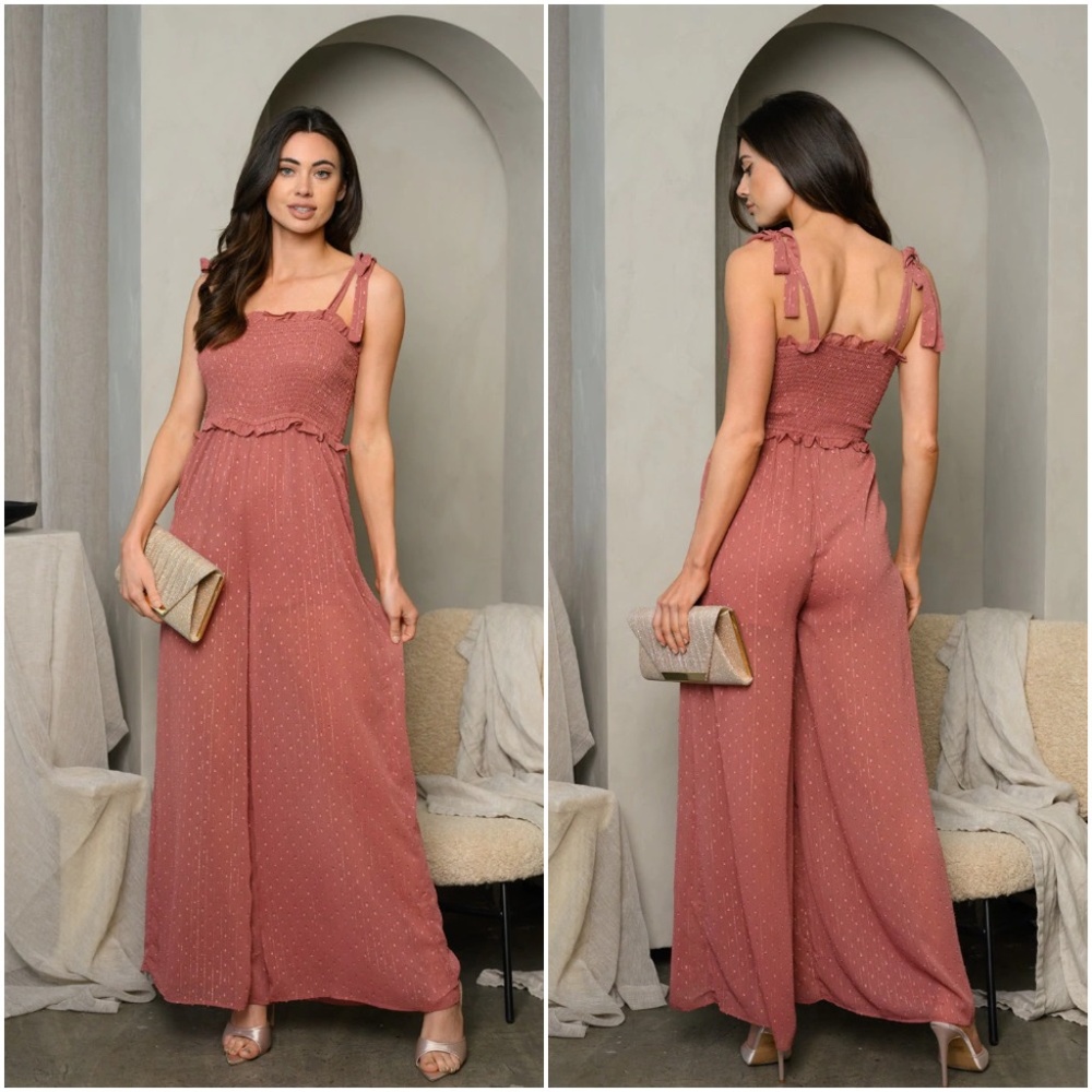 SLEEVELESS SMOCKED SHIMMER DETAILED JUMPSUIT